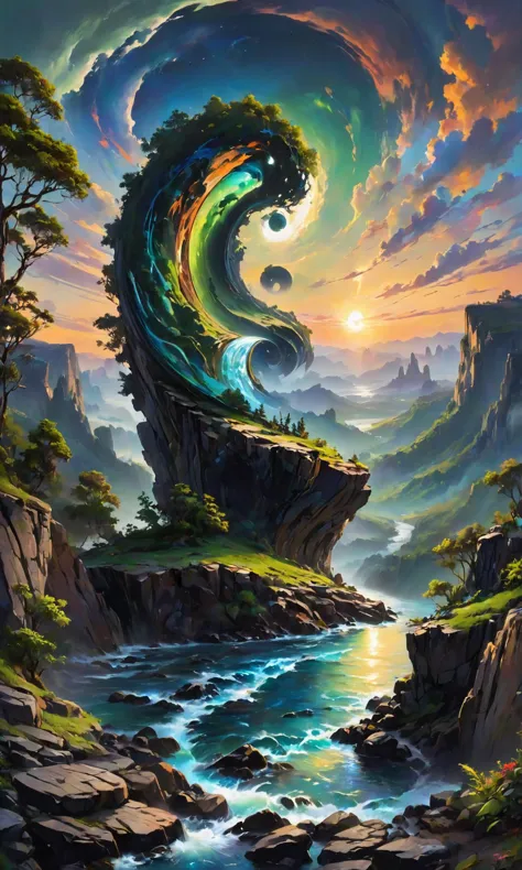The most beautiful panoramic landscape in the world, oil painting, where a giant abstract yin and yang is sitting on top of a cl...