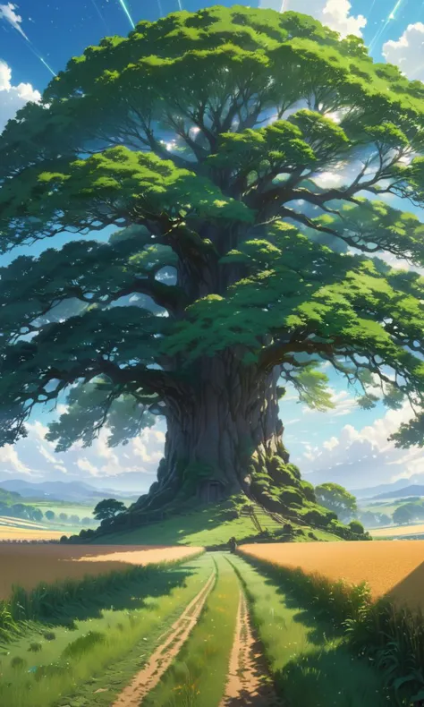 The most beautiful landscape of the world, a huge tree in the middle of a field, by Makoto Shinkai and thomas kinkade, fantasy m...