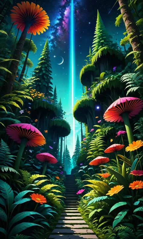 A surreal landscape by Giorgetto Baggio. A vibrant and very detailed painting of a beautiful garden VIDEOS in a forest with tall...