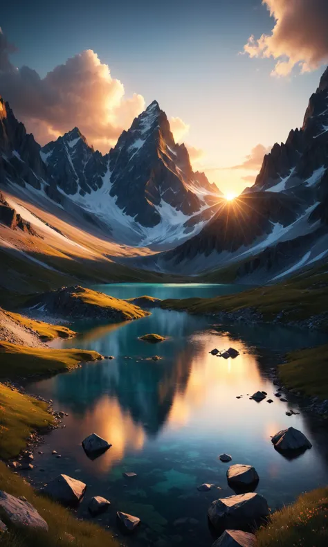 The most beautiful photo landscape in the world, a huge mountain with a small lake at sunset by marc adamus, photorealistic, ver...