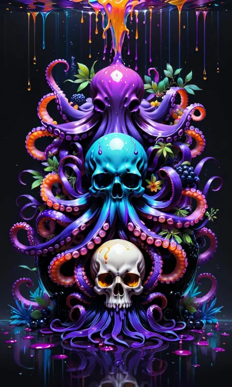 Skull with black ombre purple orange neon pink and blue transparent queen octopus holding an octopus inside ikebana covered by b...