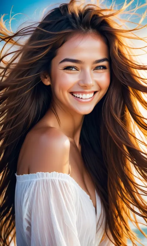 Breathtaking, beautiful portrait of a stunning young woman with long messy hairs and a bright smile, happy