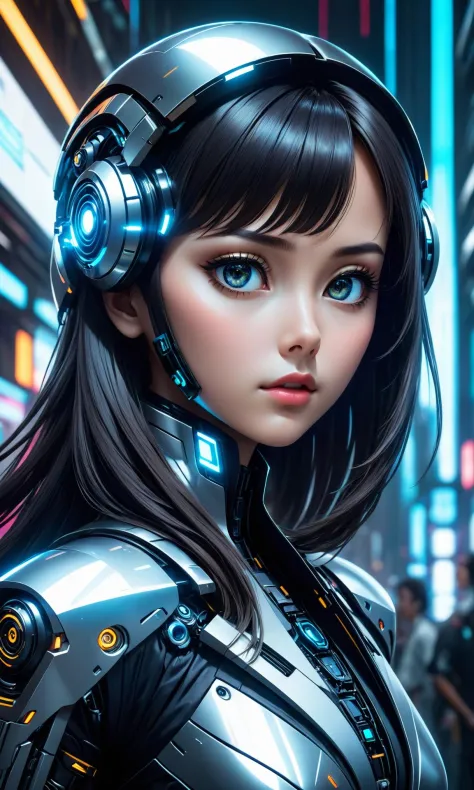 A classy cybernetic woman with a large nose and big eyes, long hair on the sides of the head. She is wearing futuristic clothing...