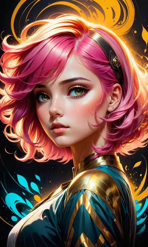 A surreal and creative concept art of a beautiful young woman with pink hair, in the style of WLOP and Charlie Bowater, highly d...