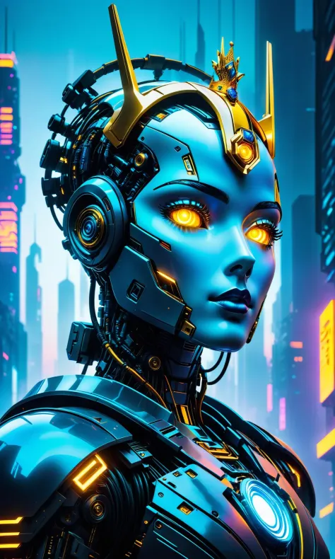A close up photograph of one single large, futuristic cyberpunk robot head in front of a glowing blue foggy city at dusk. The ro...