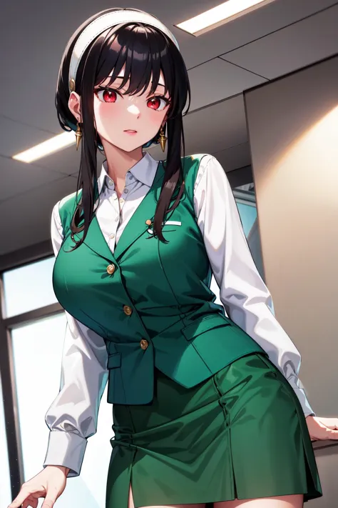 masterpiece, best quality, highres, bbyorf, short hair with long locks, white hairband, red eyes, gold earrings, large breasts, office lady, white shirt, collared shirt, green vest, long sleeves, green skirt, <lora:yor_forger_v1:0.8>, cowboy shot, standing