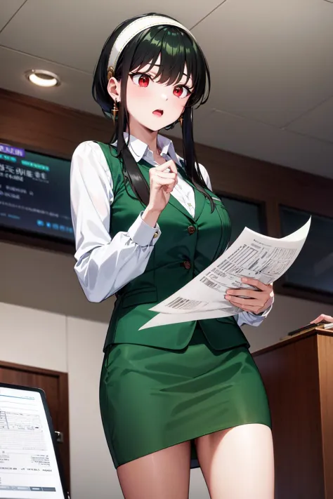 anime girl in green dress holding a microphone and reading a paper