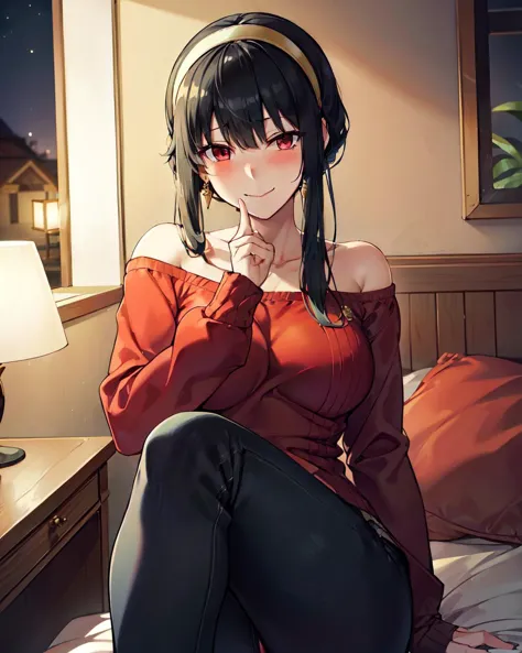 masterpiece, best quality, girl , indoors, smug smile:1.1, folded, drunk, blush, half-closed eyes, wine, medium breasts, pussy, anus, bed, bbyorf, short hair with long locks, black  hairband, red eyes, gold earrings, large breasts, jewelry, off shoulder,  looking at viewer, (night), <lora:Folded:0.7> 
 <lora:yor_forger_v1:1>