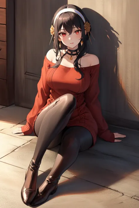 (masterpiece, best quality, high quality, highres, ultra-detailed), 1girl,  <lora:yor_forger_v1:0.8> aayorf, sidelocks, gold hairband, hair ornament, red eyes, gold earring, large breasts, choker, bare shoulders, black dress, two-sided dress, fingerless gloves, thigh boots, bbyorf, short hair with long locks, white hairband, red eyes, gold earrings, large breasts, jewelry, off shoulder, red sweater, sweater dress, long sleeves, black pantyhose, full body,