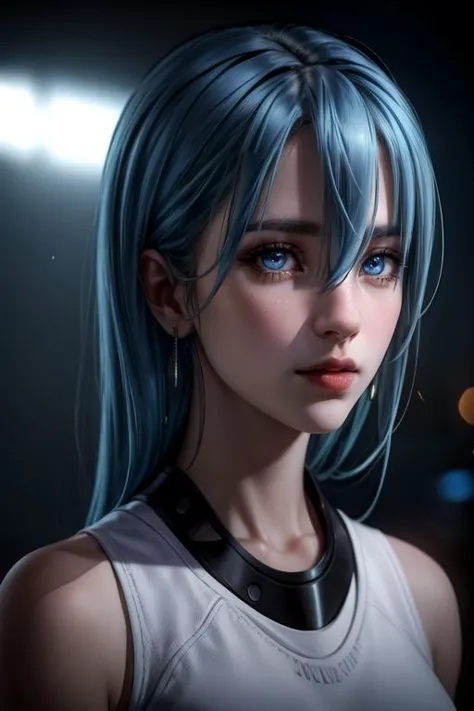 photorealistic, (4k), depth of field, (Masterpiece), (realistic skin texture), extremely detailed, intricate, hyper detailed, high resolution, professional photography, bokeh, depth of field, sharp detail, best quality, , 1girl, solo, <lora:schnee_synduality_noir:0.8>, schnee_synduality_noir, blue hair, blue eyes, , , hair between eyes, , grimdark, HD-DVD