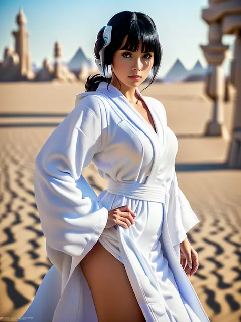 a full body shot, action pose, head, legs, a hot and sexy Emma Raducanu young woman, (((black hair))), as princess leia by marve...