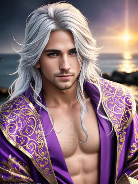 photo of a handsome young male wizard, purple wizard's robes with intricate gold detailing moving in the wind, long white hair, ...