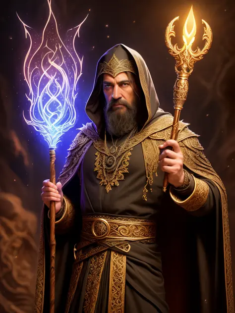 (extremely detailed 8k wallpaper), a medium shot photo of a dark sorcerer holding a carved wooden staff, magic, Intricate, High ...