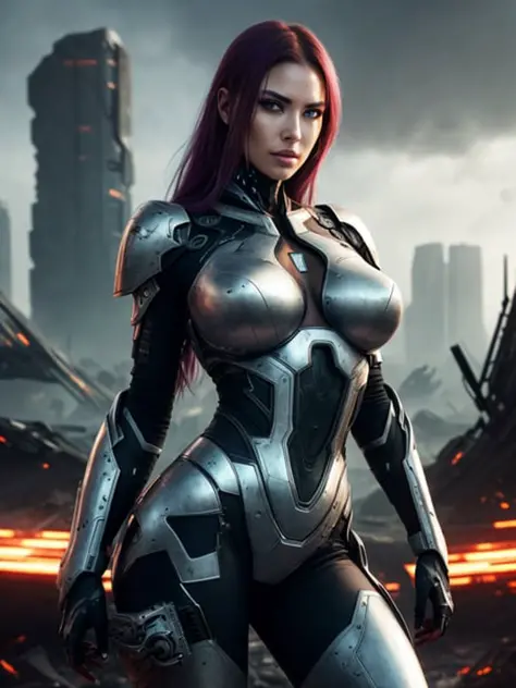 medium shot photo of sexy female cyborg wearing scratched and tarnished futuristic armor in a destroyed futuristic city, fantasy...