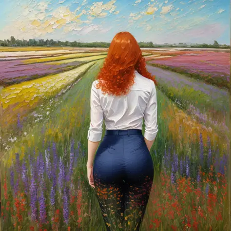 taken from behind, highly-detailed, closeup of the butt, standing straight up pose, dynamic pose, teacher uniform, nice ass uses, ginger hair,in a dreamlike setting, in tall long wildflower field, painted in impressionist style, brushstroke painting technique, palette knife painting,