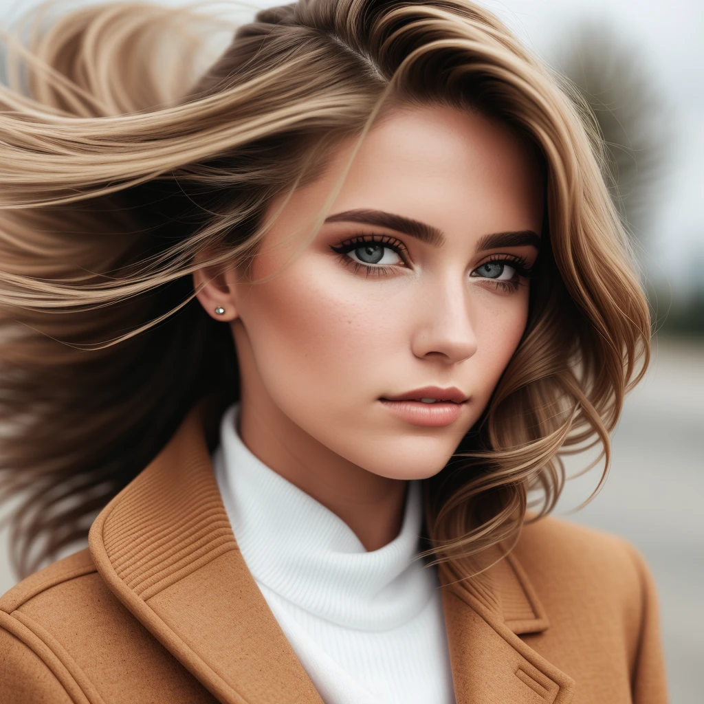 여자의 모델촬영 스타일 사진, 그녀의 어깨까지의 머리카락, 바람에 날리는 머리카락, 코 피어싱, 갈색 재킷과 흰색 스웨터를 입고, 심각한 표정으로 카메라를 바라보고 있다, ?/2.4, 7.9mm, 1/850, ISO 50
