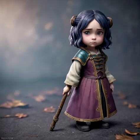 a dark sorcerer holding a carved wooden staff, shy miniature, Cute small Emilia Clarke, 1girl, solo,disney artwork, unreal engin...
