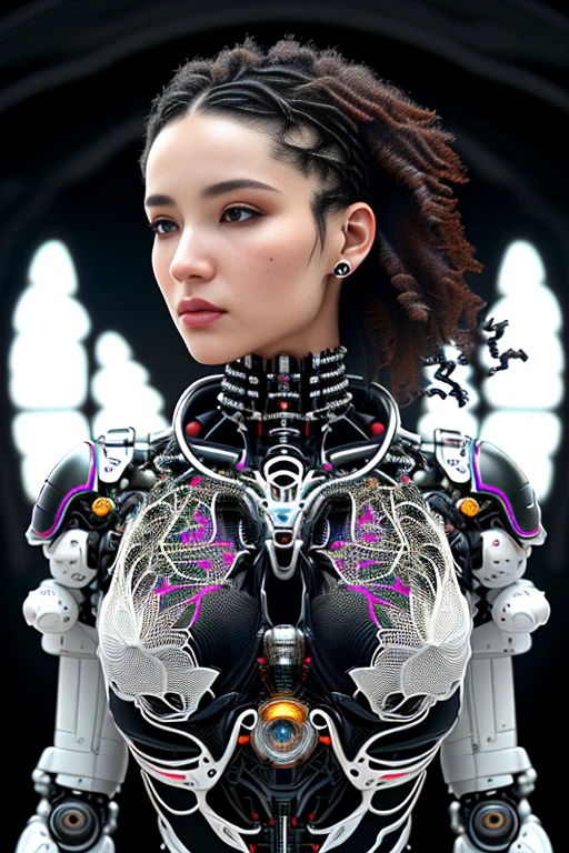 Nousr-Roboter, complex 3d render Extrem detailliert of a beautiful death angel, Biomechanischer Cyborg, analog, 150 mm lens, Wunderschönes, natürliches, weiches Randlicht, große Blätter und Stiele, Wurzeln, feine Blattspitze, farbenfrohe Details, Samurai, Boris Bidjan Saberi outfit, Perlenohrring, Piercing, Jugendstil Mode bestickt, komplizierte Details, Maschendraht, mandelbrot fractal, anatomisch, Gesichtsmuskeln, Kabeldrähte, Mikrochip, badass, hyperrealistisch, Extrem detailliert, octane render,  volumetrische Beleuchtung, 8k-Nachbearbeitung, rot und weiß mit etwas schwarz, detaillierte metallische Knochen, halb menschlich, schillernde Farben, Glenn Brown-Stil, weißer Raum, Macht des Gottes, Hochwinkelaufnahme, komplexe Körperhaltungen