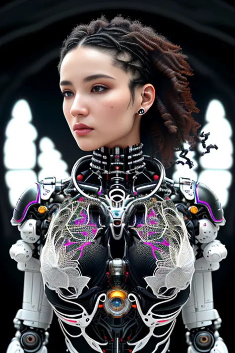 nousr robot, complex 3d render ultra detailed of a beautiful death angel, biomechanical cyborg, analog, 150 mm lens, beautiful n...