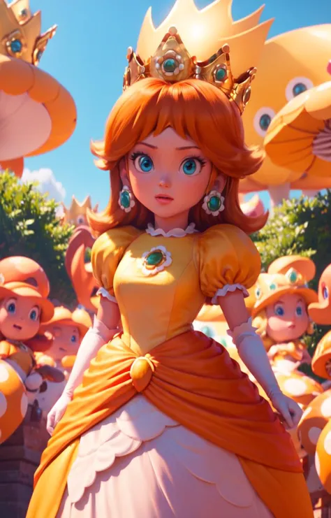 a woman in a princess dress standing in front of a bunch of oranges