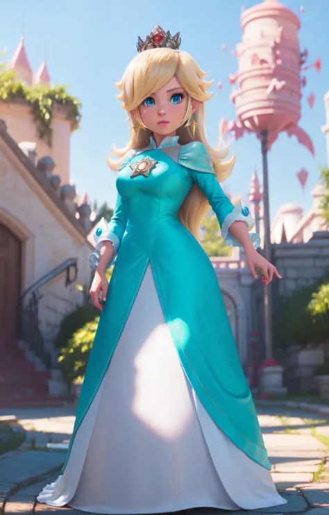 a woman in a blue dress is standing in front of a castle