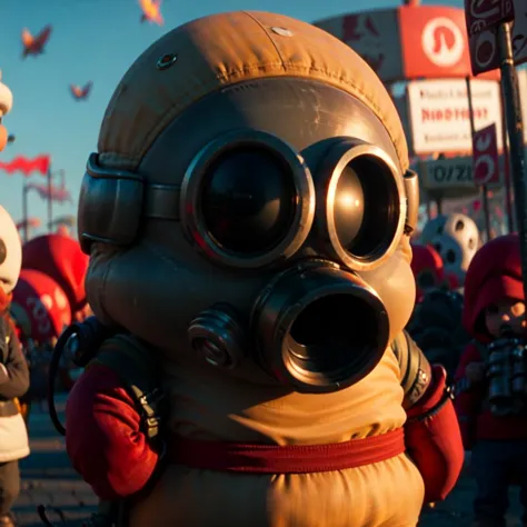 a close up of a person in a gas mask and a person in a costume