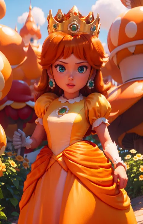 a close up of a princess in a dress and crown standing in front of a bunch of balloons