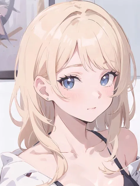 anime girl with long blonde hair and blue eyes in a black dress