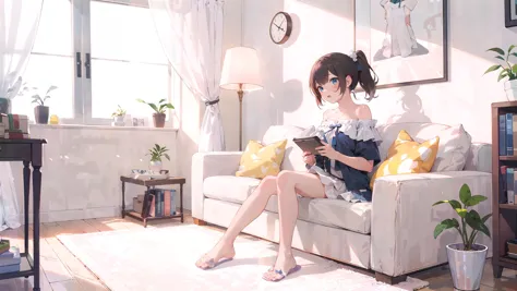 anime girl sitting on a couch reading a book in a room