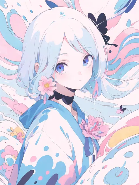 anime girl with blue hair and white hair wearing a blue and pink kimono