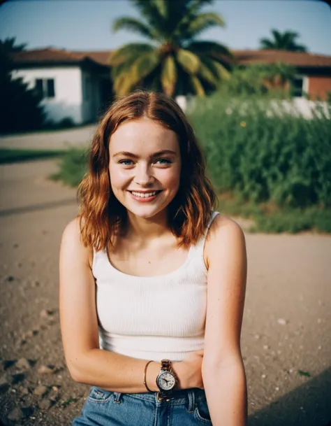 polaroid photo photograph, smiling (ohwx woman:1.3), summer , tilt shift, horror, specular lighting, film grain, samsung galaxy,...