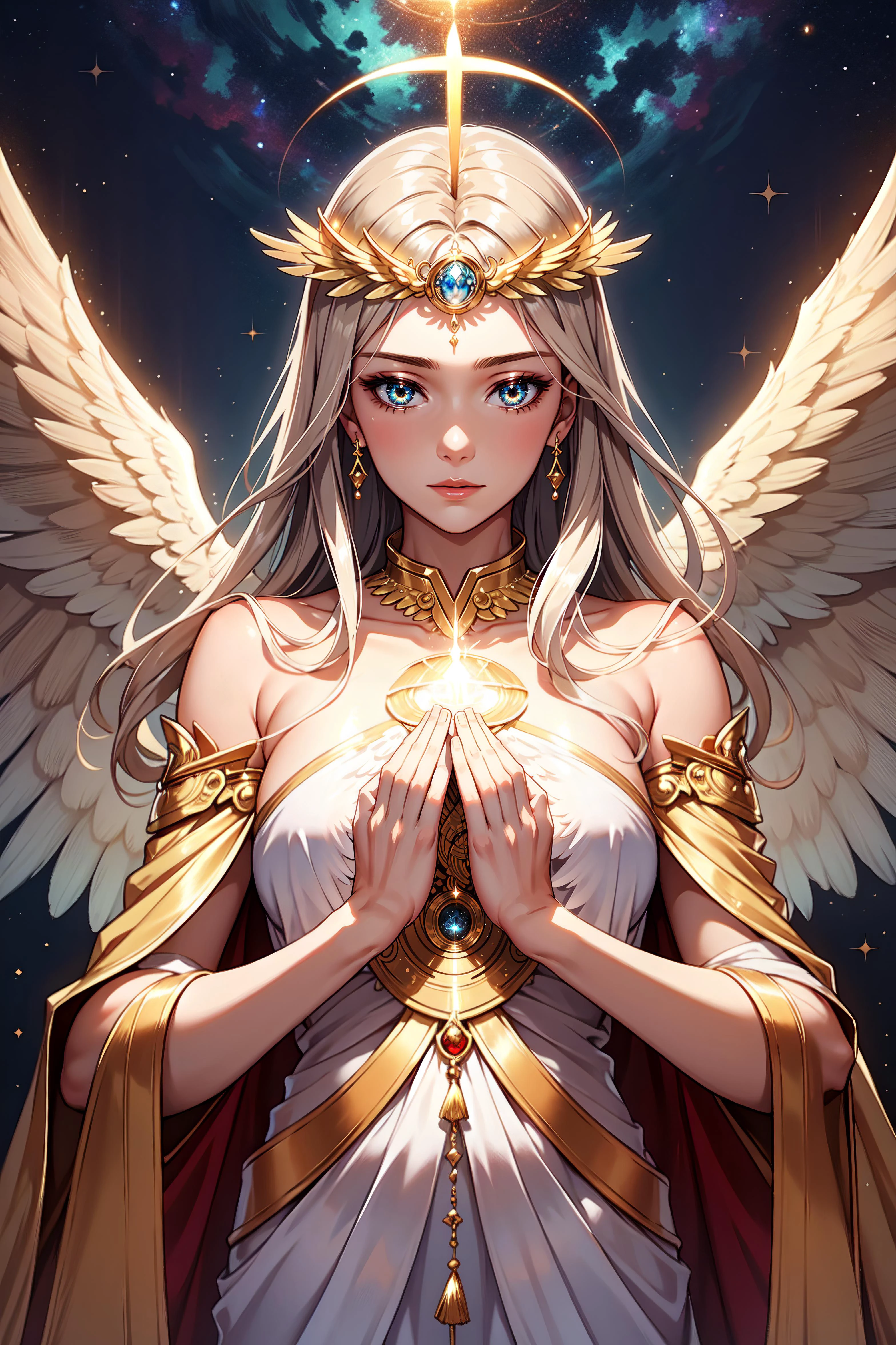 photorealistic, (hyperrealistic:1.2), beautiful, masterpiece, best quality, extremely detailed face, perfect lighting, nice hands, perfect hands,    A divine and radiant angel in celestial splendor, (heavenly presence:1.2), (serene expression), (majestic wings), (ethereal glow:1.1), (peaceful and comforting), (transcendent beauty), (divine grace), (symbol of purity), (golden halo), (uplifting atmosphere), (celestial realm), (spiritual enlightenment), (gentle and protective), (illuminating light:1.2), (seraphic figure), (harmony and serenity), (angelic robes), (timeless and celestial), (captivating aura), (healing and guidance)