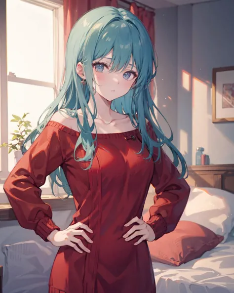 chef-d&#39;œuvre, Meilleure qualité,brillant,abus d&#39;aberration chromatique,couleur pastel,
intérieur,Chambre à coucher, main sur la hanche, 
1fille,seulement,gros seins, , robe pull,pull-over rouge, 