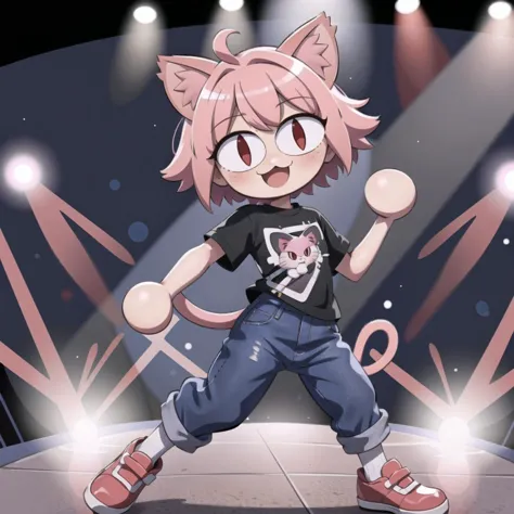 anime character of a cat girl with a black shirt and blue jeans