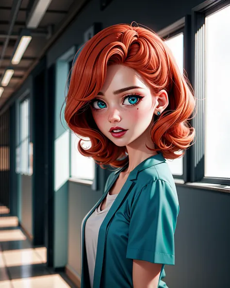 ((masterpiece), best quality, high quality, professional quality, highly detailed, highres, perfect lighting, natural lighting), diabolical, crazed infected human, Tan Skin, Redhead with half-up half-down style and loose curls, teal stain lipstick, A decaying hospital hallway with flickering fluorescent lights, perfecteyes eyes, <lora:lora_perfecteyes_v1_from_v1_160:1>