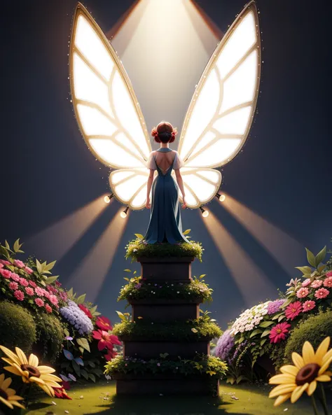 a woman in a blue dress standing on a pedestal with a fairy wings