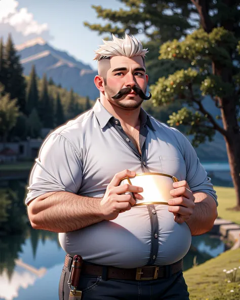 ((masterpiece), best quality, high quality, professional quality, highly detailed, highres, perfect lighting, natural lighting), (1boy, overweight, handsome, mustache, short hair, white hair), wearing fantasy clothing, casting a spell, by a lake, perfecteyes eyes, <lora:lora_perfecteyes_v1_from_v1_160:1>