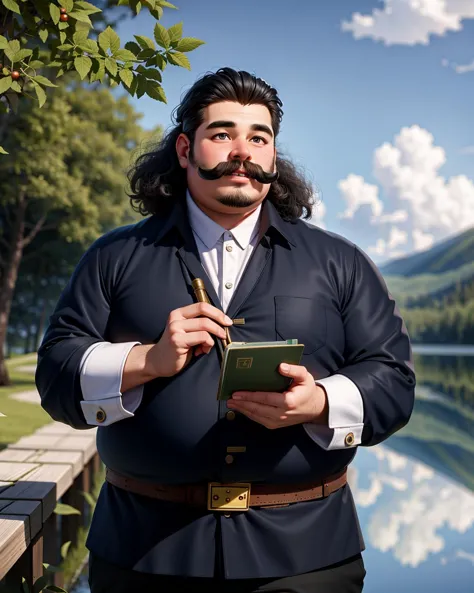 ((masterpiece), best quality, high quality, professional quality, highly detailed, highres, perfect lighting, natural lighting), (1boy, overweight, handsome, mustache, medium length hair, black hair), wearing fantasy clothing, casting a spell, by a lake, perfecteyes eyes, <lora:lora_perfecteyes_v1_from_v1_160:1>