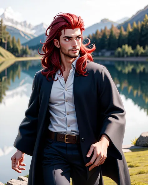 arafed man with red hair and a black coat standing near a lake