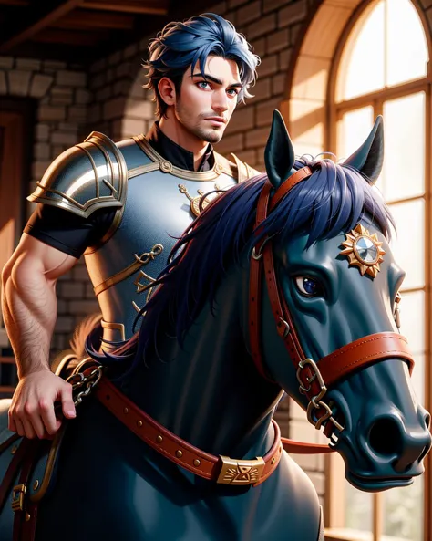 ((masterpiece), best quality, high quality, professional quality, highly detailed, highres, perfect lighting, natural lighting), (1boy, muscular, handsome, no facial hair, medium length hair, blue hair), wearing armor, riding a horse, in a castle, perfecteyes eyes, <lora:lora_perfecteyes_v1_from_v1_160:1>