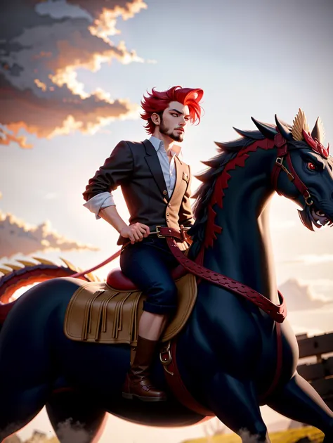 there is a man riding a horse with a red hair