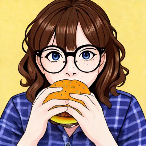 a close up of a person eating a hamburger with glasses on