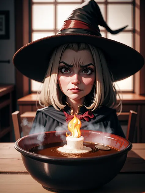 witch with a candle in a bowl of soup