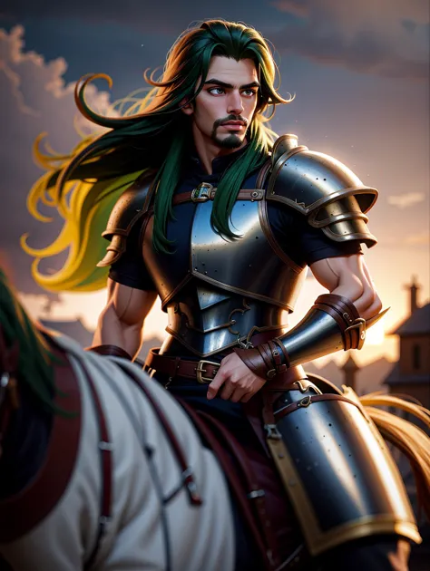 ((masterpiece), best quality, high quality, professional quality, highly detailed, highres, perfect lighting, natural lighting), (1boy, muscular, handsome, goatee, long hair, green hair), wearing armor, riding a horse, in a fantasy town, perfecteyes eyes, <lora:lora_perfecteyes_v1_from_v1_160:1>