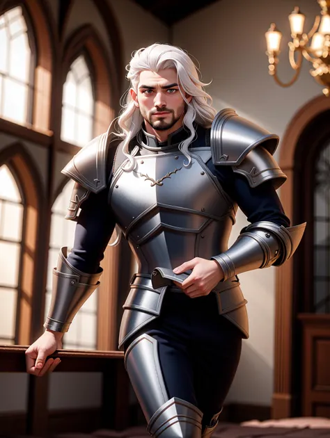 ((masterpiece), best quality, high quality, professional quality, highly detailed, highres, perfect lighting, natural lighting), (1boy, slender, handsome, facial hair, long hair, white hair), wearing armor, running, in a castle, perfecteyes eyes, <lora:lora_perfecteyes_v1_from_v1_160:1>