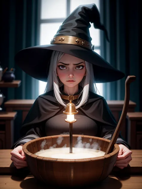 a woman in a witch hat is holding a wand over a bowl of milk