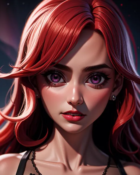 ((masterpiece), best quality, high quality, professional quality, highly detailed, highres, perfect lighting, natural lighting), portrait, gory, bloodthirsty succubus, Dark Skin, Redhead with half-up half-down style and loose curls, plum sheer lipstick, with northern lights in the background, perfecteyes eyes, <lora:lora_perfecteyes_v1_from_v1_160:1>