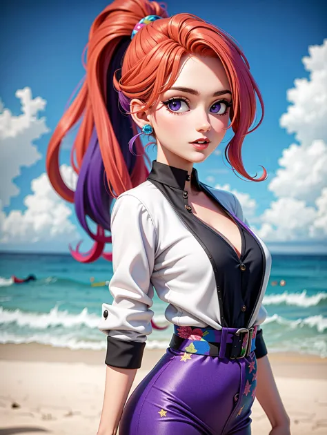 a close up of a woman in a purple outfit on a beach