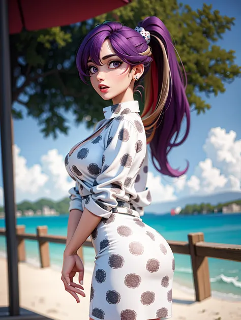 araffe dressed in a polka dot dress standing on a beach