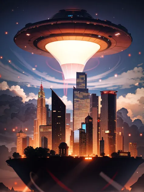 a large flying saucer over a city at night with a lot of lights